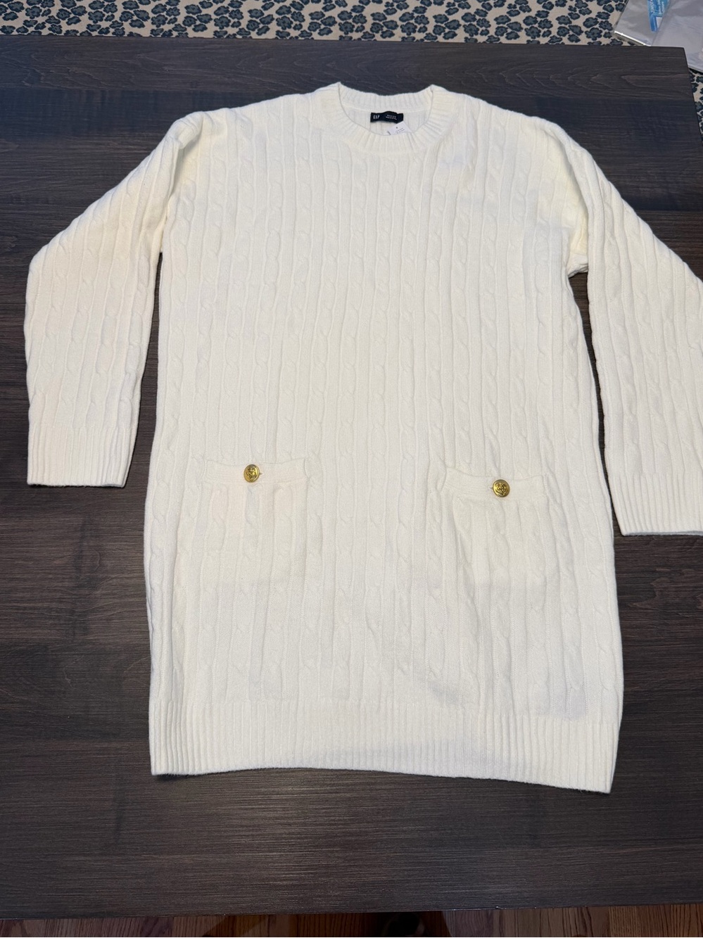 GAP Cream Cable Knit Sweater Dress with Gold Button Pockets